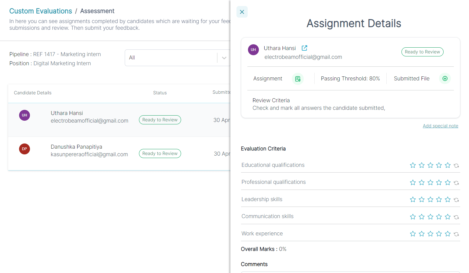 HireTrace ATS custom evaluations