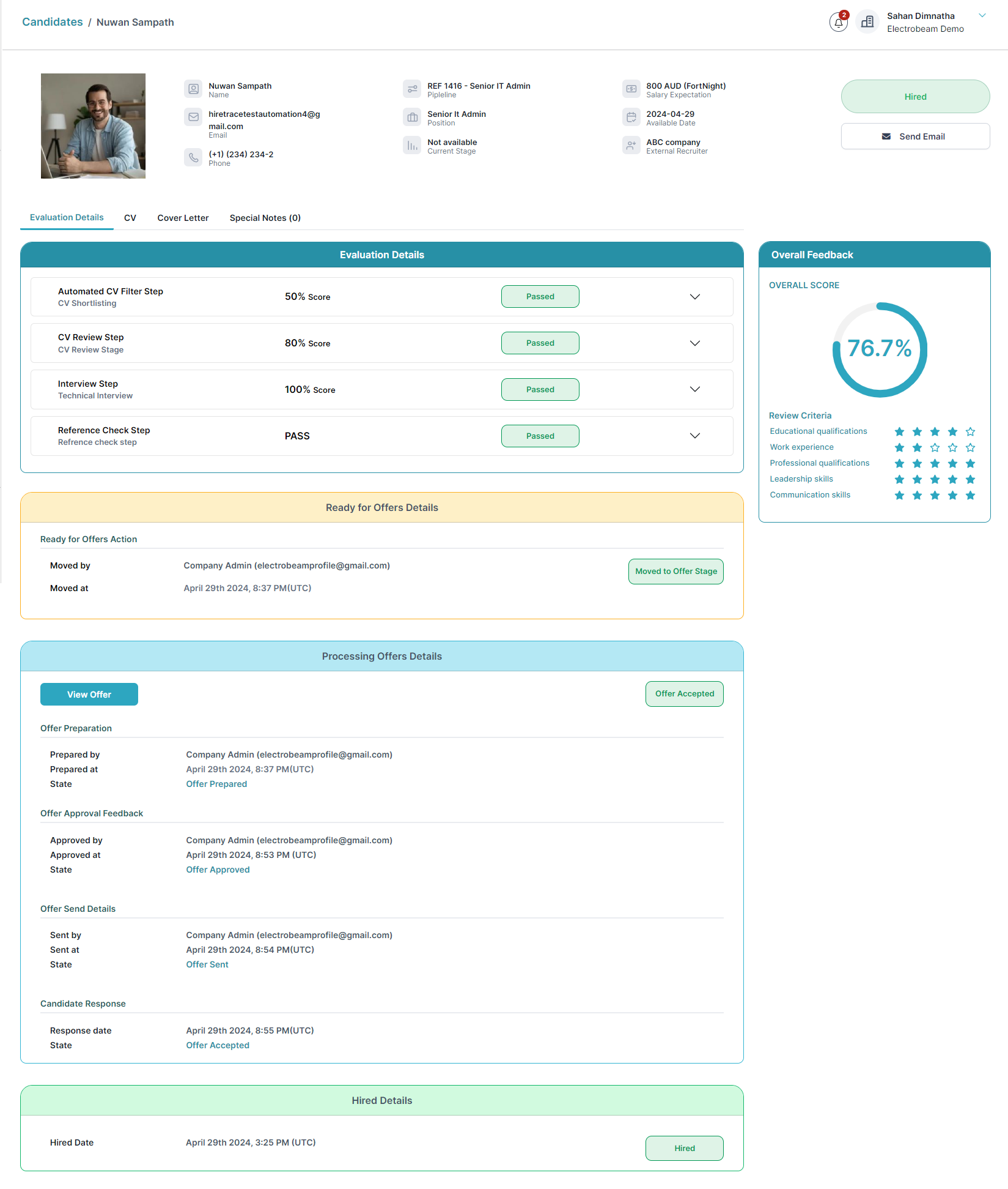 HireTrace recruitment software candidate profiles