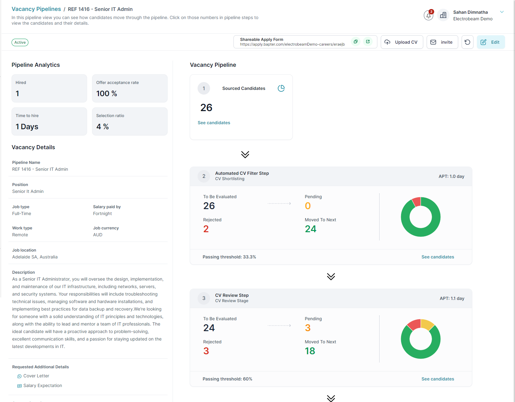 HireTrace recruiting software hiring pipeline overview